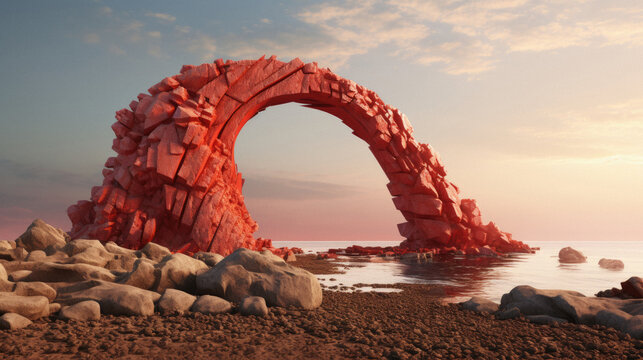 Of a stone arch in the sea at sunset .