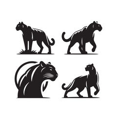 Shades of Night: Panther Silhouette Array Depicting the Various Moods and Expressions of Panthers in Their Natural Habitat - Panther Illustration - Panther Vector
