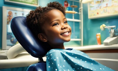 A smiling african american kid sitting in a dental chair at the dentist, teeth cleaning and examination concept, beautiful white teeth smile, young girl checkup