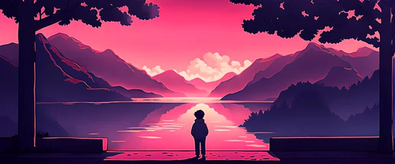 Fototapeten Silhouette of a boy watching the pink sunset over the lake valley. Lofi anime manga style. Panoramic view. Serene sunset in cartoon style. Trendy design. © Creative mind