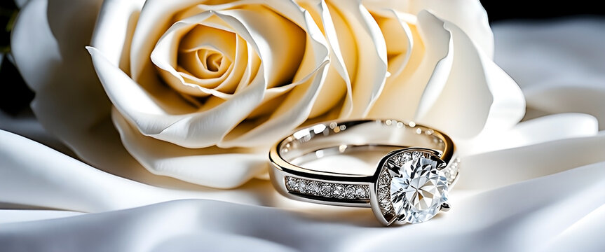Closeup on a diamong ring and white rose on elegant white silk fabric. Banner format.