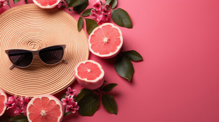 Obraz na płótnie Canvas Summer hat, sunglasses and grapefruit on pink background, top view