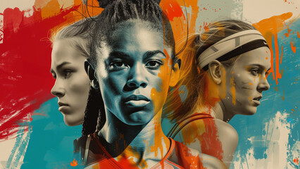 Fototapeta premium Portraits of diverse female athletes with intense expressions, depicted in a bold abstract art style with dynamic colorful splashes. 