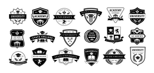 Education badge. Monochrome labels for university, academy and college branding. Academic insignia vector emblems set