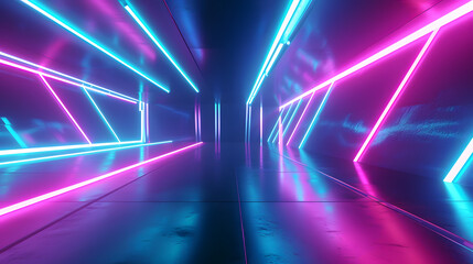 Abstract neon 3D background wallpaper with pink blue glowing vibrant colorful laser lines rays, futuristic cyberpunk atmosphere technology concept