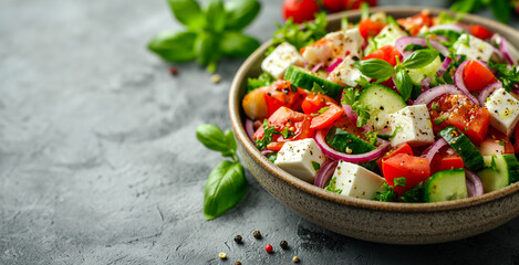 a bowl of healthy mixed greek salad with free copy space for text, top view - Powered by Adobe