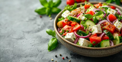 Foto auf Glas a bowl of healthy mixed greek salad with free copy space for text, top view © Echelon IMG