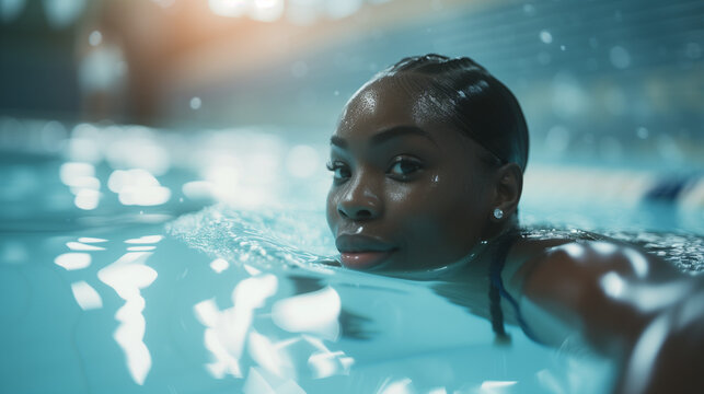 Young black african american woman competitively swimming in pool water. Dark skinned female athlete. AI generated