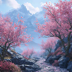 Cherry blossoms in the early morning in the mountains.