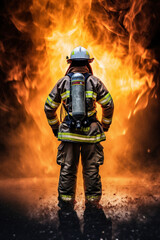 Fototapeta premium Firefighter at the background of fire