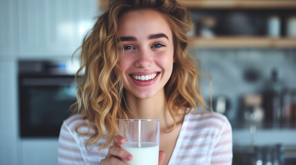 Young woman holding a glass of milk - obrazy, fototapety, plakaty