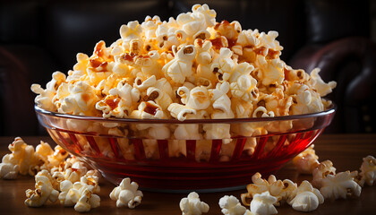 Fresh gourmet popcorn, a sweet indulgence for movie watching generated by AI