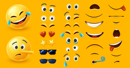 Emoji character kit. Custom emoticon constructor with different eyes and mouth shapes elements combinations for unique facial expression design