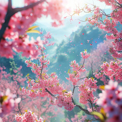 Cherry blossoms in the early morning in the mountains.