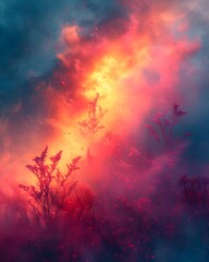 Holi background featuring dreamlike landscapes filled with floating colors