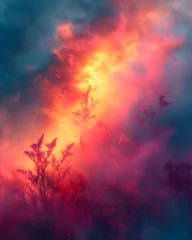 Photo sur Plexiglas Violet Holi background featuring dreamlike landscapes filled with floating colors