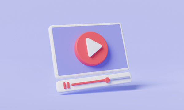 Video player social media icon in browser, play button icon, Live digital stream multimedia player, Online video, Online broadcasting, 3d render illustration, cartoon minimal. banner, web design