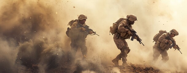Special Operations soldiers maneuvering across a war-ravaged area.