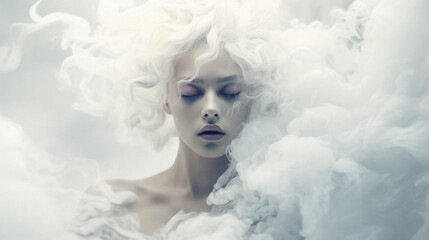 Fashion portrait of beautiful woman with white curly hair. Beauty, fashion .
