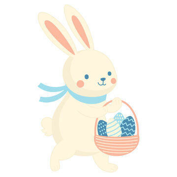 Easter Bunny holds a Basket of Painted Eggs. Flat Illustration