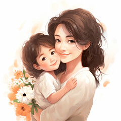Illustration of Asian mother and child