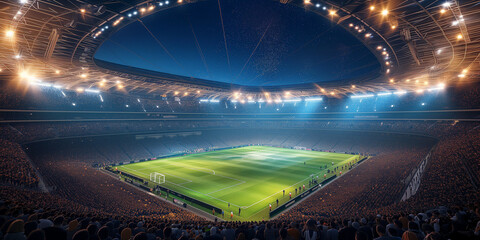 Football stadium. Stunning twilight vista of a soccer stadium alive with fans under dazzling lights