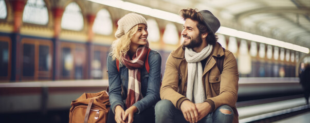 Fototapeta na wymiar Happy young couple waiting on the train station, traveling to their vacation. Active lifestyle concept