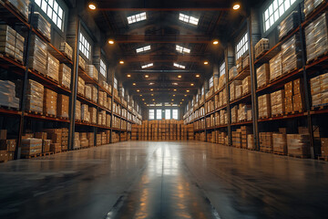 Interior of a modern warehouse storage of retail shop with  near shelves - obrazy, fototapety, plakaty