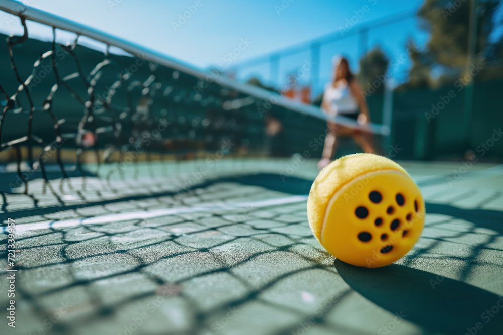 Wall mural Yellow pickleball ball close-up on a pickleball court, with space for text