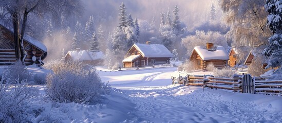 Winter landscape with log cabins.