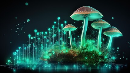 Abstract background with a growing digital mushroom. Machine learning and big data array visual concept. Generative AI