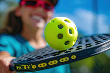 Pickleball ball and paddle on a pickleball court, with a smiling player in the background