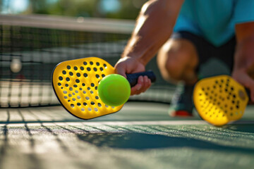 Yellow pickleball ball with paddle close-up on a pickleball court, with space for text