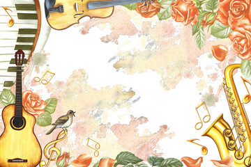 The frame is musical with a guitar, saxophone and violin, roses and piano keys on watercolor inclusions. The illustration is made in watercolor. For posters, flyers, invitation cards, certificates. - obrazy, fototapety, plakaty