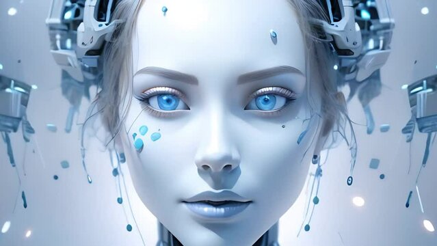 female android with a human face looking at the camera. Beautiful portrait of a cyborg on a white background. Robots and technology concept