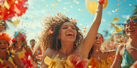 Obraz premium Joyful woman with friends celebrating at a vibrant street festival or carnival, amidst a shower of colorful confetti.