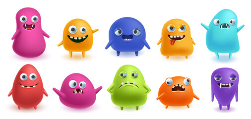 Funny monsters. Blob shape creatures with silly 3D faces, color jelly monsters vector illustration set