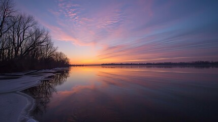 A tranquil frozen lake reflecting the wintry sky.