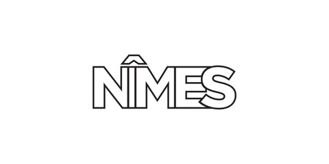 Nimes in the France emblem. The design features a geometric style, vector illustration with bold typography in a modern font. The graphic slogan lettering.