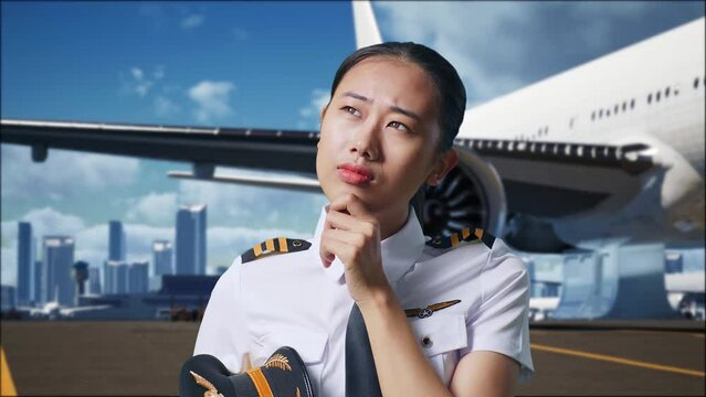 Close Up Of Asian Woman Pilot Thinking About Something And Looking Around While Standing In Airfield With Airplane On Background
