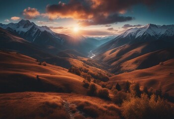 Beautiful sunset in the mountains Landscape with mountain valley colorful and clouds Aerial view - Powered by Adobe