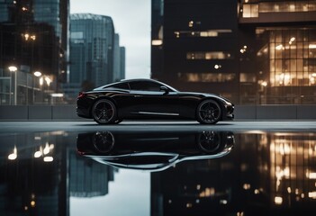 Black sports car Generic brandless black car with reflection side view copy space