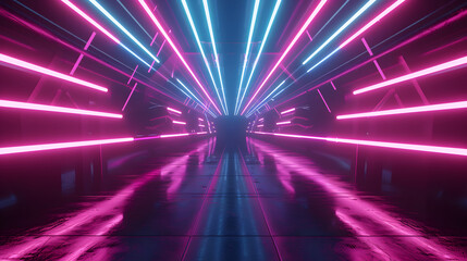 Fototapeta na wymiar Abstract neon 3D background wallpaper with pink blue glowing vibrant colorful laser lines rays, futuristic cyberpunk atmosphere technology concept