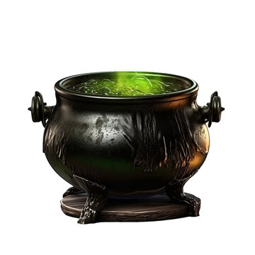 Black witch cauldron, magical bubbling green potion, isolated on transparent, Generative ai