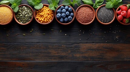 Bowls of various legumes and fresh herbs arranged on a dark textured surface, highlighting healthy ingredients. - obrazy, fototapety, plakaty