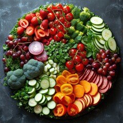 Colorful array of fresh fruits and vegetables viewed from above, showcasing variety and healthful choices.