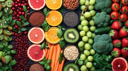 Colorful array of fresh fruits and vegetables viewed from above, showcasing variety and healthful choices.