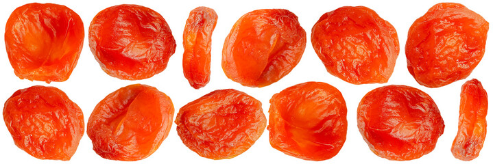 Several pieces of dried apricots lying in a row, isolated on a transparent background.