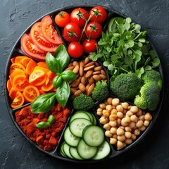 Colorful array of fresh fruits and vegetables viewed from above, showcasing variety and healthful choices.