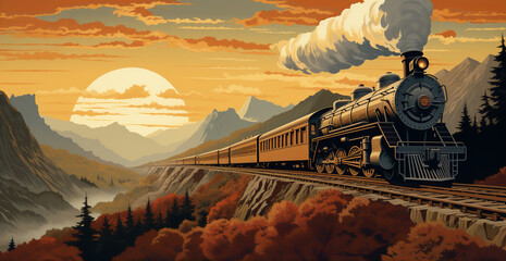 Iron Horses of Yesteryear: Vintage Trains Charging through Time, Billowing Steam against the Backdrop of the Countryside